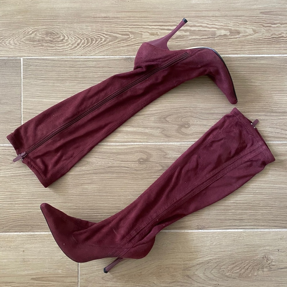 Maroon Burgundy Suede Knee High heeled boots